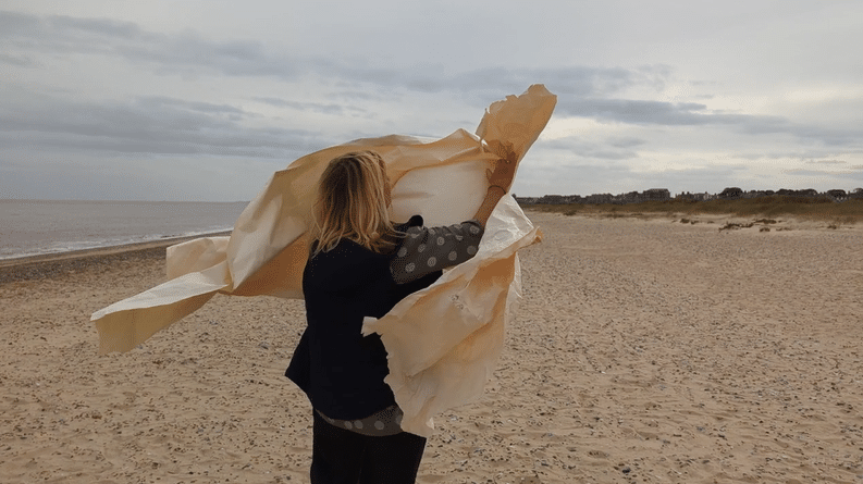 Person on a beach with a large sheet of fabric